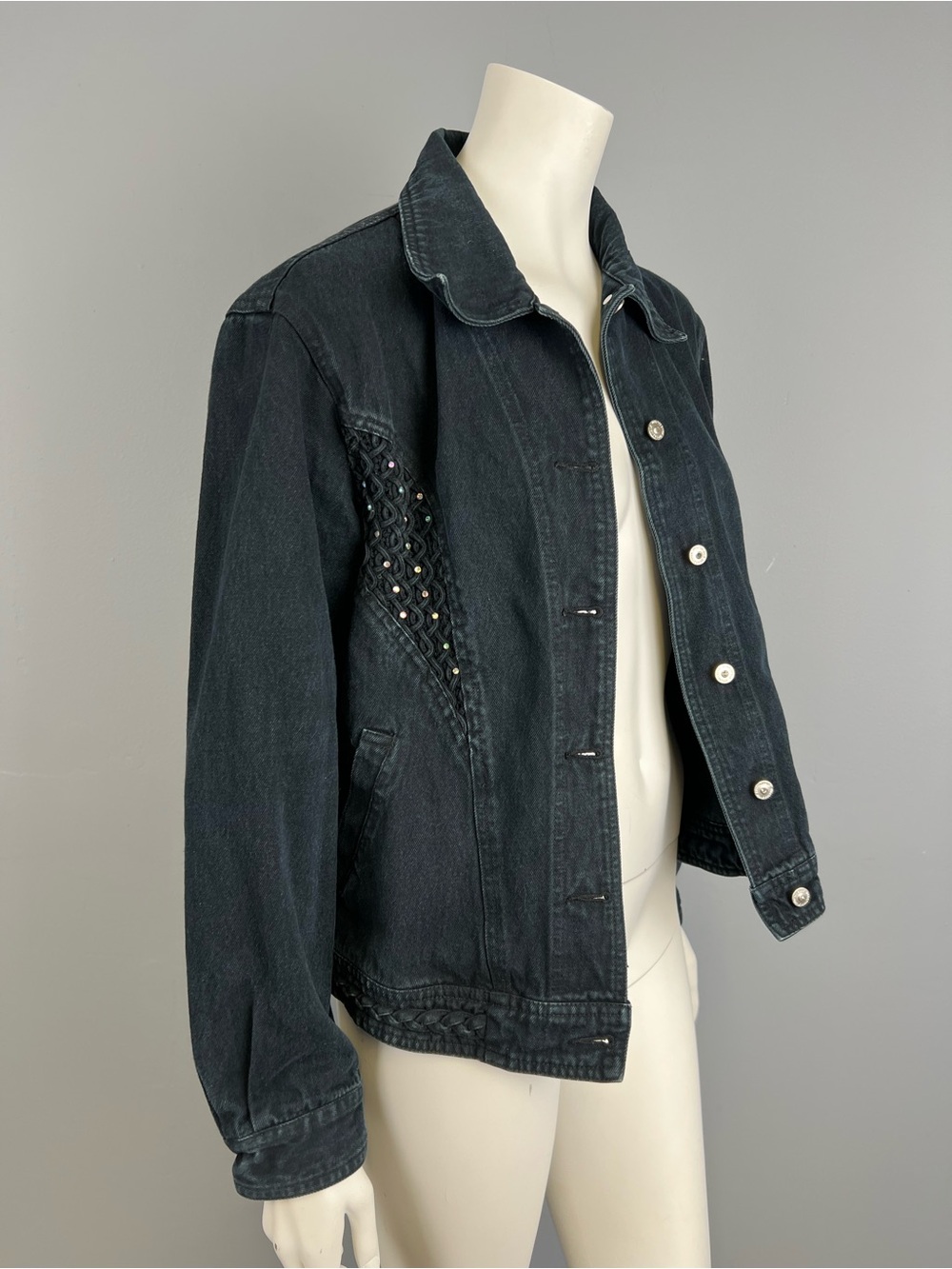 Vintage 100% Cotton Women's Denim Jacket with Braided Detail and Rhinestones